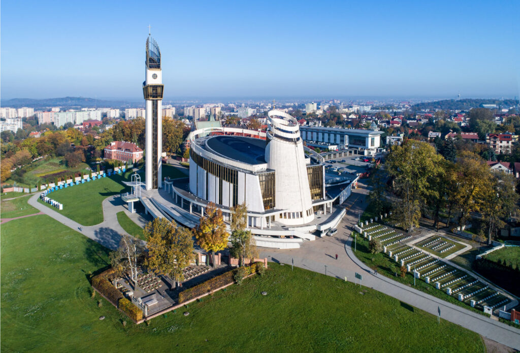 aerial view of the Sanctuary of Divine Mercy in Krakow, Poland